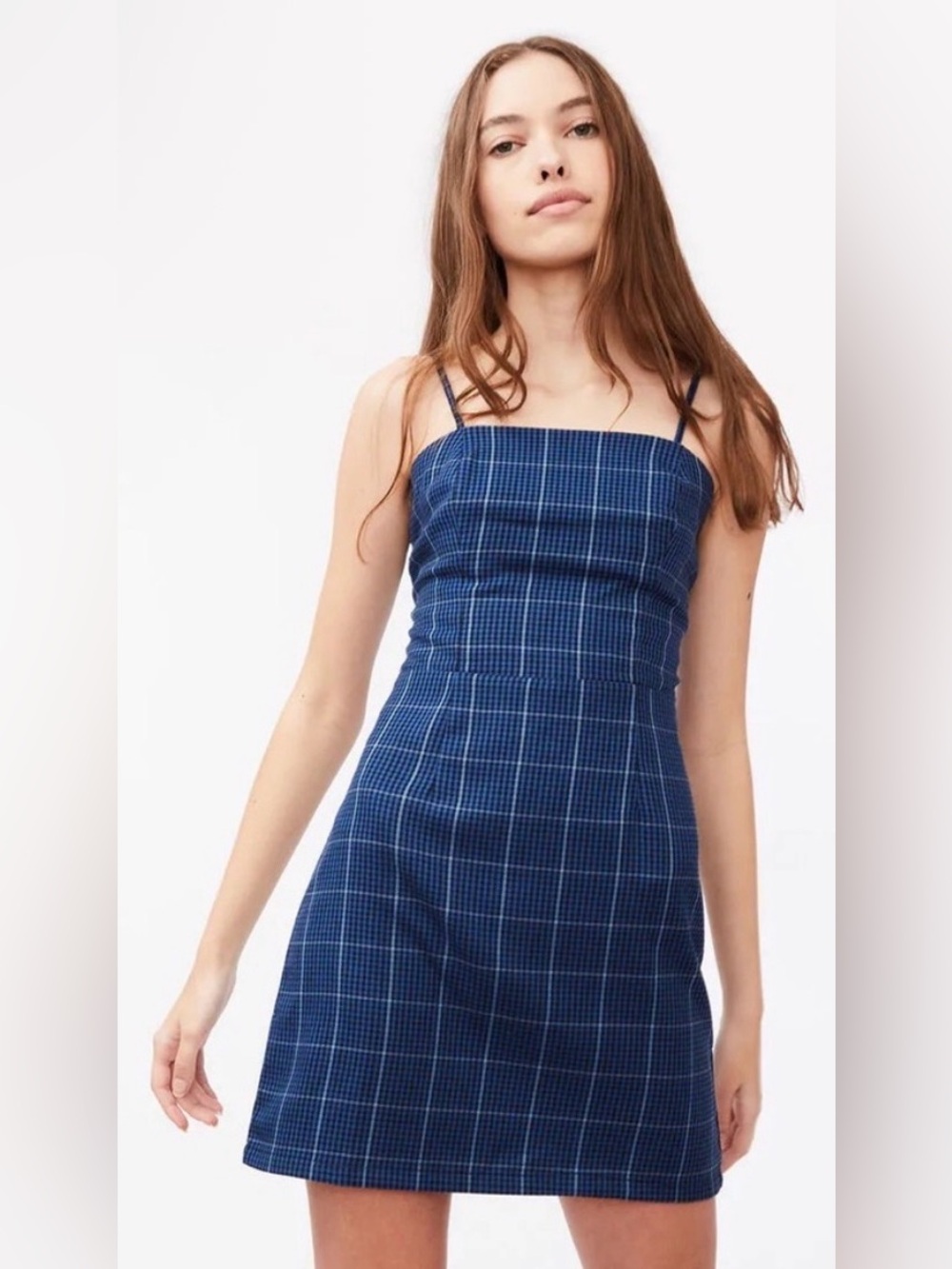 Aeropostale Plaid Mini Dress Navy Spaghetti Strap Square Neck Slim Fit Checkered